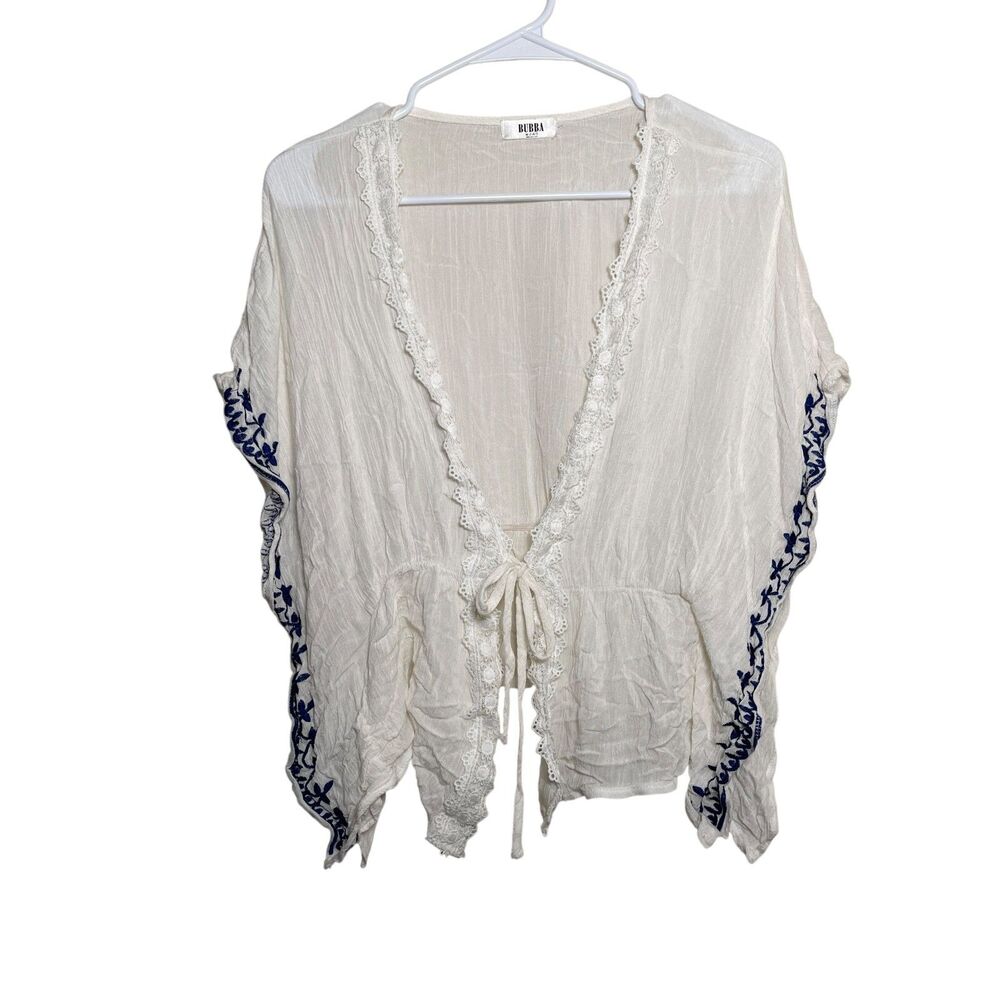 Bubba Blouse Women's M/L Embroidered Tie Front Boho Sheer V-Neck Casual Top